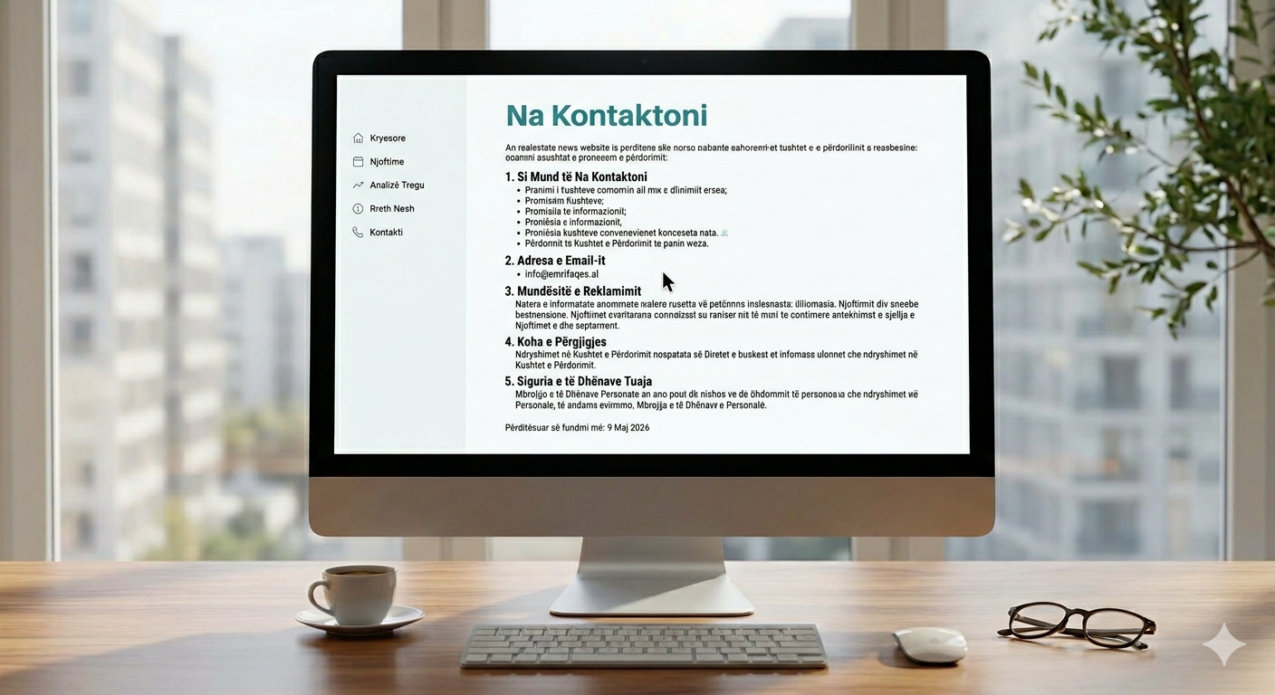 Një monitor kompjuteri duke shfaqur faqen 'Na Kontaktoni' të një portali lajmesh për pasuritë e paluajtshme, me pika kontakti të qarta, e vendosur mbi një tryezë druri me një filxhan kafeje, pranë një dritareje me pamje nga qyteti i Tiranës.