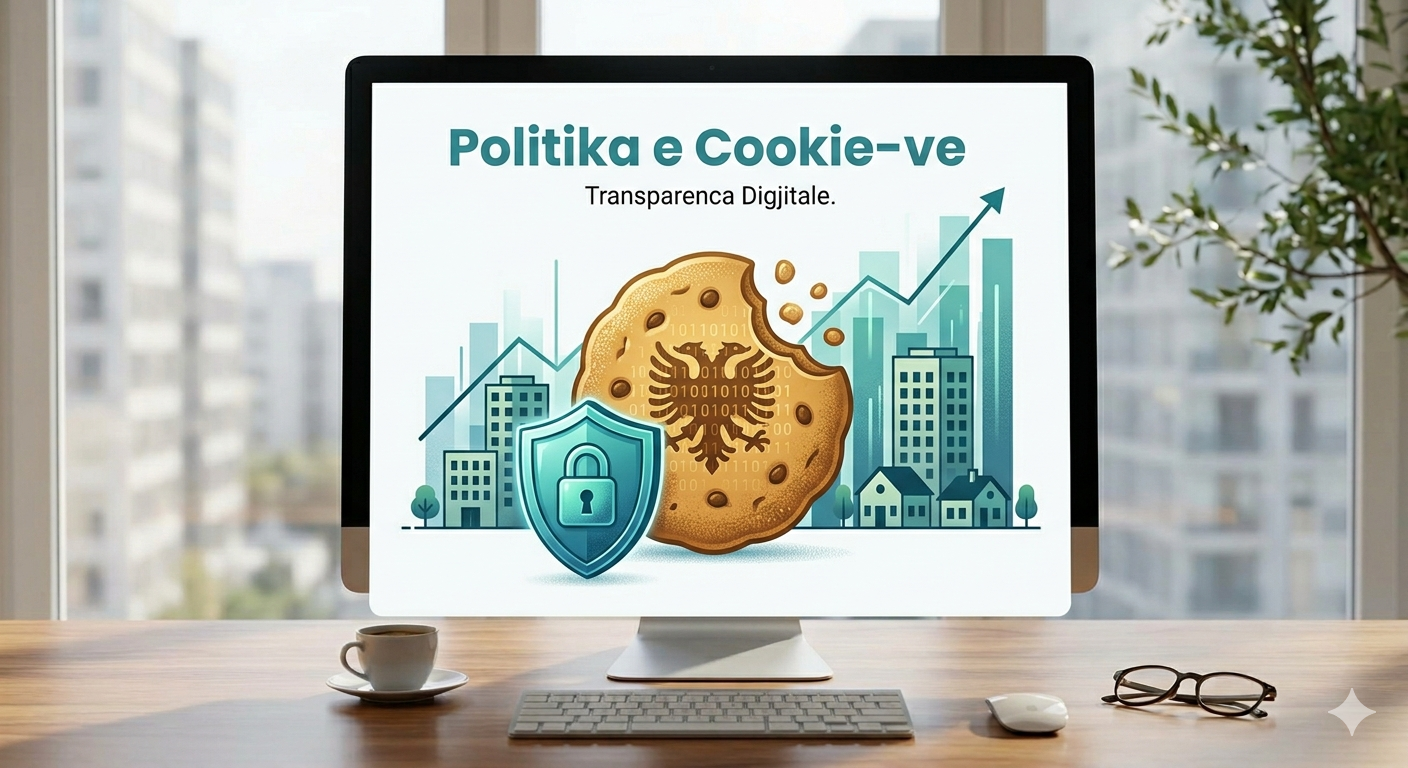 Një ilustrim grafik që tregon një ikonë biskote (cookie) pranë një mburoje sigurie mbi një sfond me grafikë të dhënash të pasurive të paluajtshme.