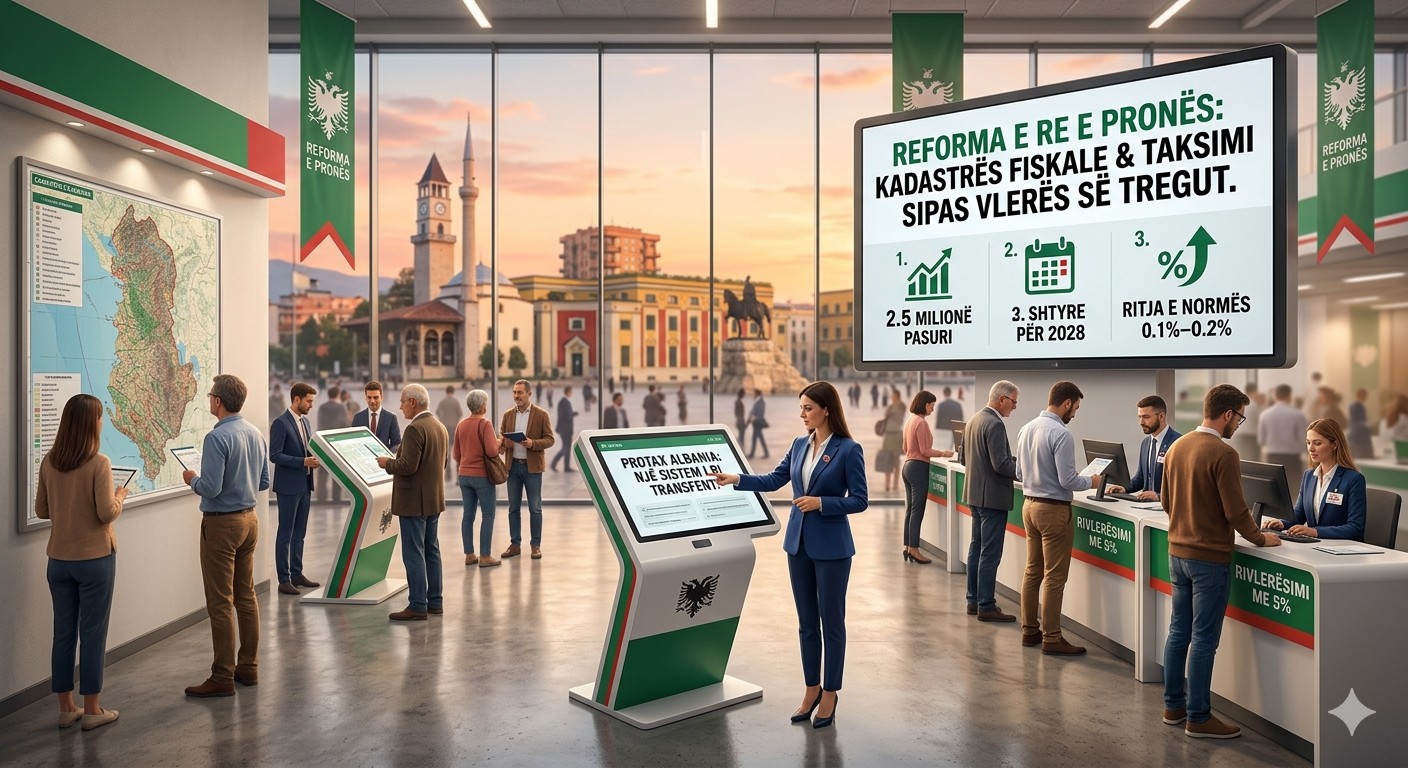Një zyrë moderne e shërbimeve kadastrale në Tiranë me ekrane që tregojnë reformën e re të pronës 2026, taksën e tregut 0.1-0.2% dhe procesin e rivlerësimit me 5% në Shqipëri.