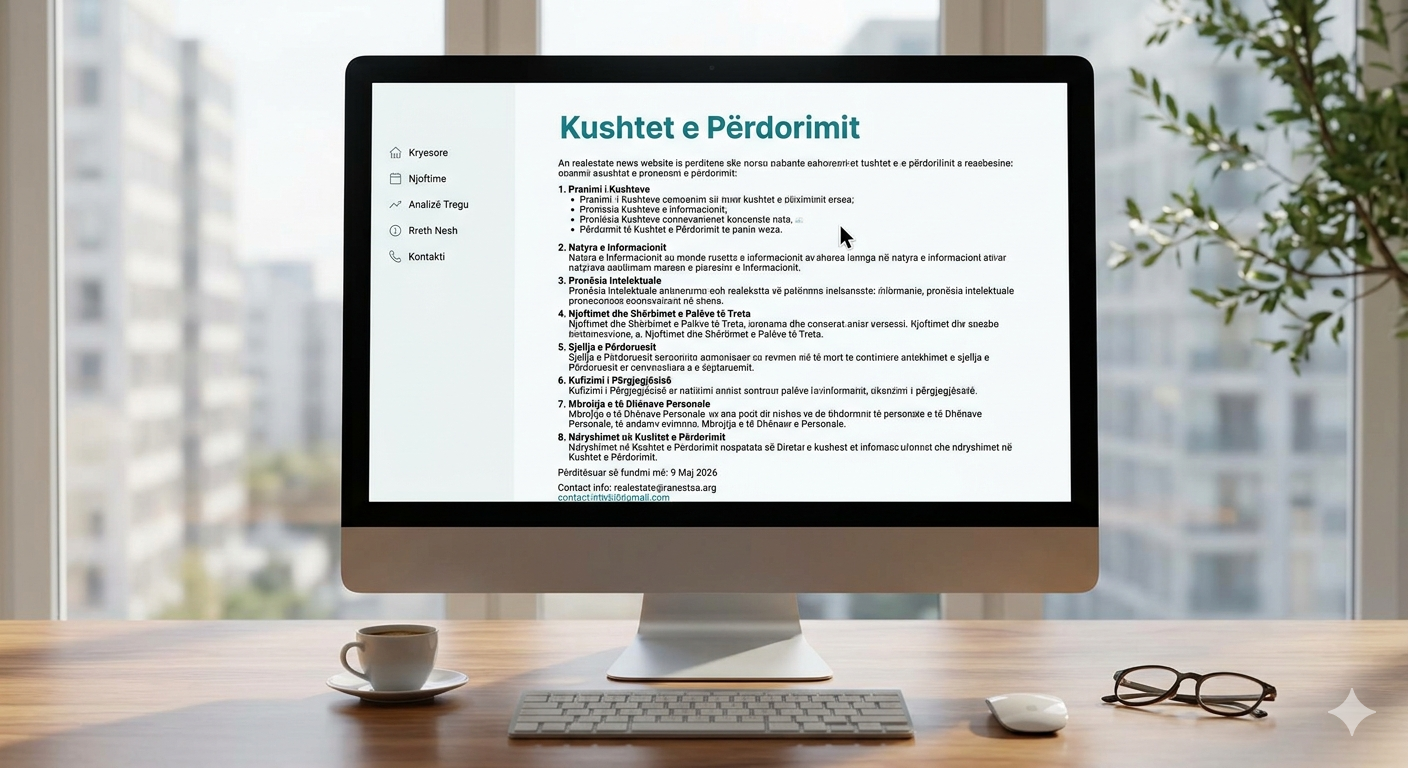 Një monitor kompjuteri në një zyrë shtëpie duke shfaqur faqen 'Kushtet e Përdorimit' të një portali lajmesh për pasuritë e paluajtshme, me tekst të detajuar në shqip, e vendosur mbi një tryezë druri me një filxhan kafeje dhe syze përballë një dritareje.