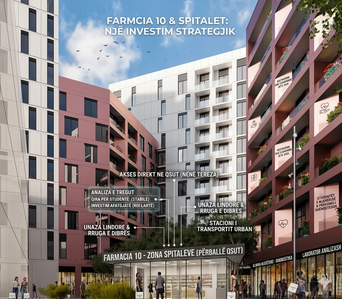 amje arkitekturore e zonës Farmacia 10 në Tiranë me detaje mbi investimet imobiliare, afërsinë me QSUT dhe Unazën Lindore.