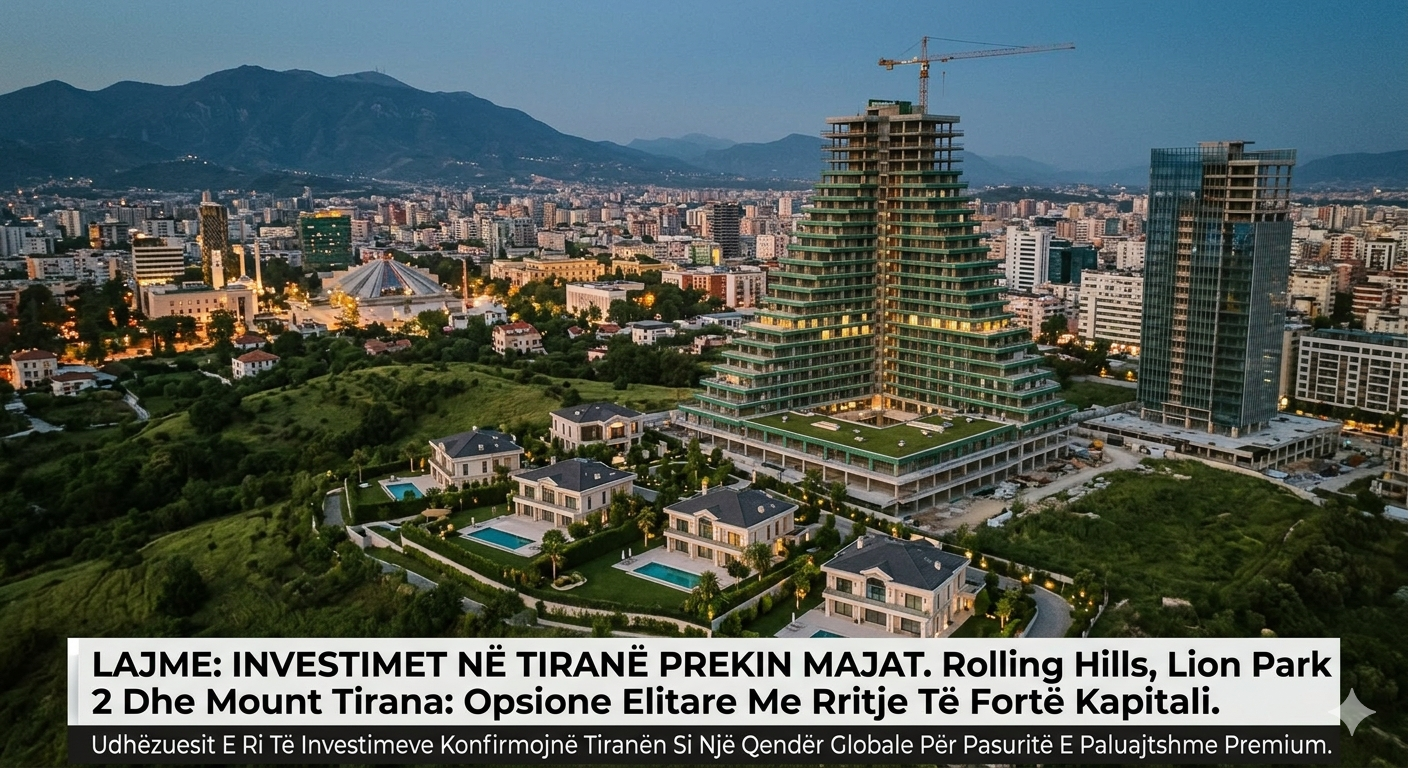 Një pamje panoramike e Tiranës në perëndim, që tregon vilat luksoze të Rolling Hills në plan të parë dhe kullën Mount Tirana në proces ndërtimi në sfond, me një shirit lajmesh mbi investimet premium.