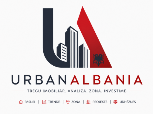 Logo moderne e UrbanAlbania me monogramën stilizuar “UA” në formë ndërtesash urbane në ngjyrë blu të errët dhe të kuqe, e frymëzuar nga identiteti shqiptar. Logoja përfshin tekstin “URBANALBANIA” dhe sloganin “Tregu Imobiliar. Analiza. Zona. Investime.” mbi një sfond të pastër të bardhë.